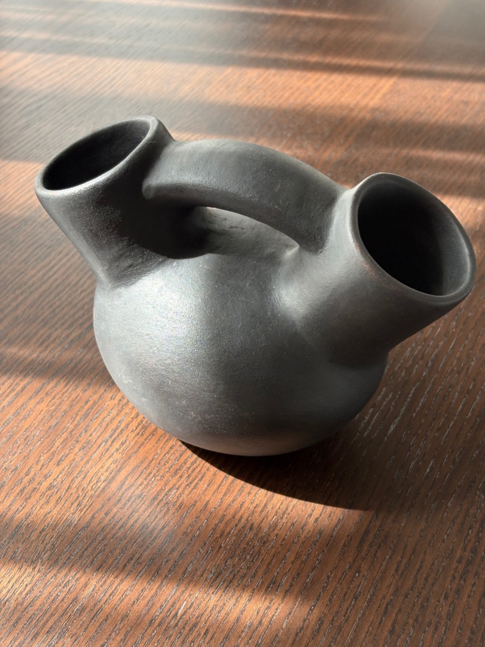 Vintage Minimalist Chic Handcrafted Black Pottery/Vase Bridge Handle Chile